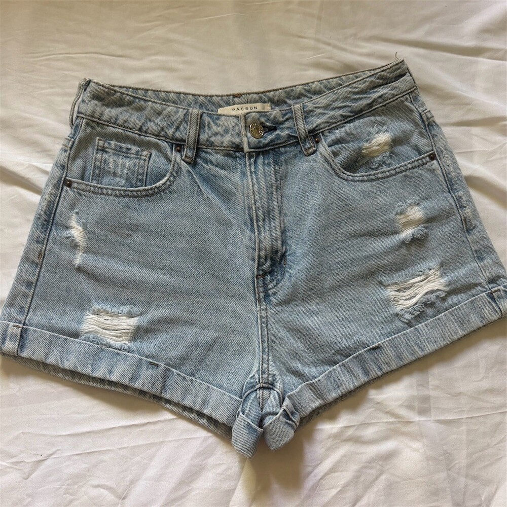 PacSun Mom Shorts Womens Size 27 Light Wash Distressed Cuffed Hem High Waisted
